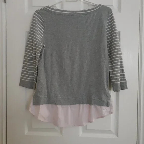Anthropologie Little Yellow Button Women's Size M Gray Stripe Mixed Media Shirt - Picture 3 of 14